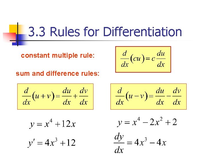 3. 3 Rules for Differentiation constant multiple rule: sum and difference rules: (Each term