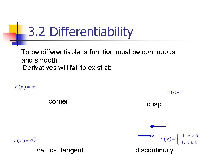 3. 2 Differentiability To be differentiable, a function must be continuous and smooth. Derivatives