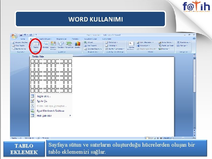 WORD KULLANIMI TABLO EKLEMEK Sayfaya sütun ve satırların oluşturduğu hücrelerden oluşan bir tablo eklememizi