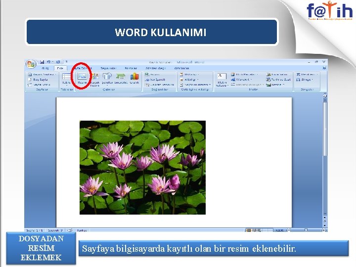 WORD KULLANIMI DOSYADAN RESİM EKLEMEK Sayfaya bilgisayarda kayıtlı olan bir resim eklenebilir. 