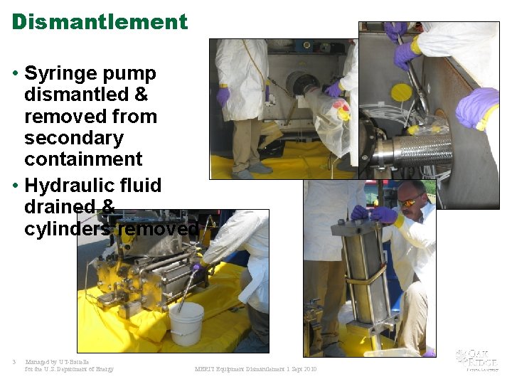 Dismantlement • Syringe pump dismantled & removed from secondary containment • Hydraulic fluid drained