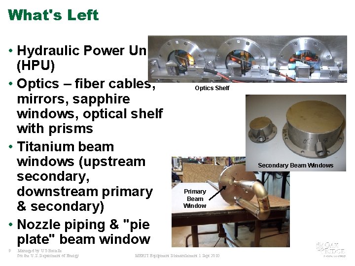 What's Left • Hydraulic Power Unit (HPU) • Optics – fiber cables, mirrors, sapphire