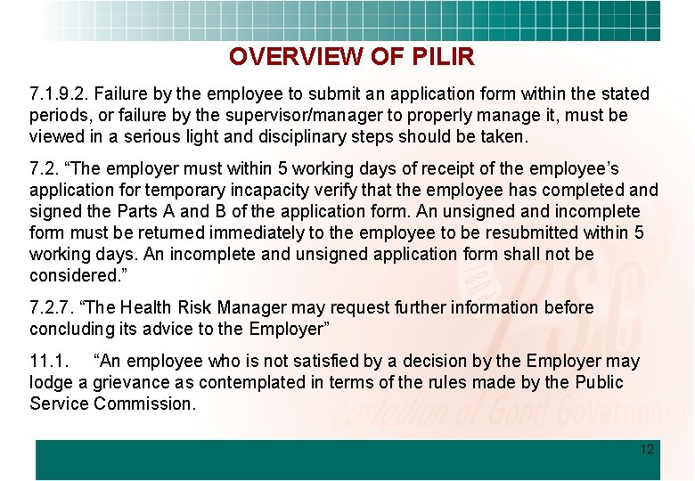 OVERVIEW OF PILIR 7. 1. 9. 2. Failure by the employee to submit an