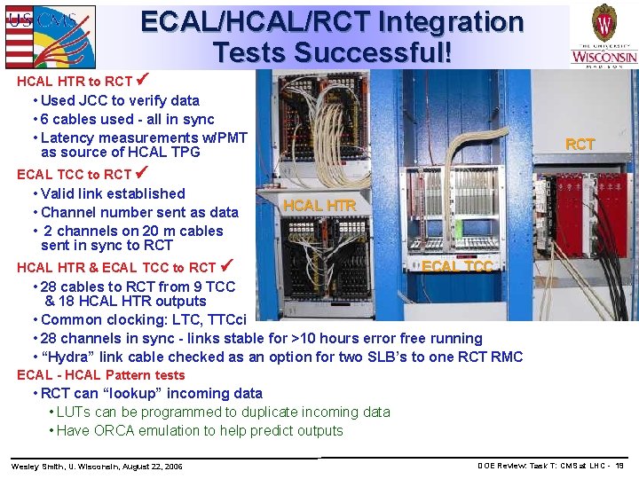 ECAL/HCAL/RCT Integration Tests Successful! HCAL HTR to RCT • Used JCC to verify data