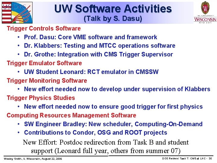 UW Software Activities (Talk by S. Dasu) Trigger Controls Software • Prof. Dasu: Core