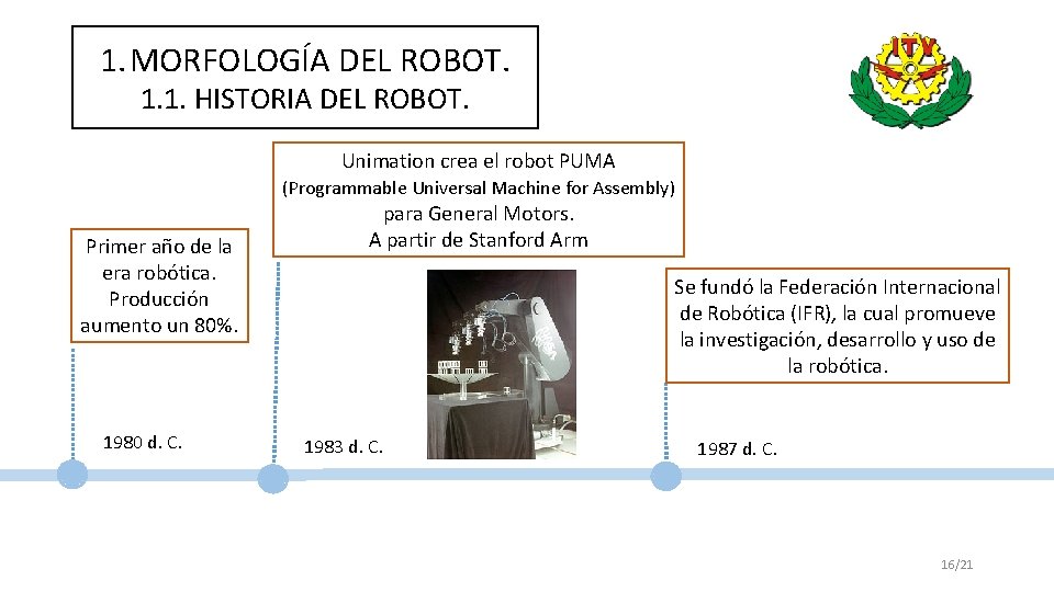 1. MORFOLOGÍA DEL ROBOT. 1. 1. HISTORIA DEL ROBOT. Unimation crea el robot PUMA