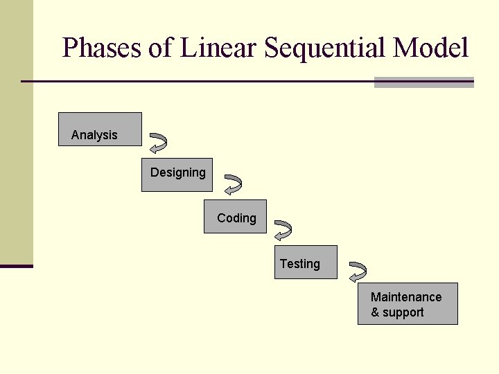 Phases of Linear Sequential Model Analysis Designing Coding Testing Maintenance & support 