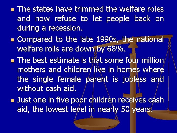 n n The states have trimmed the welfare roles and now refuse to let