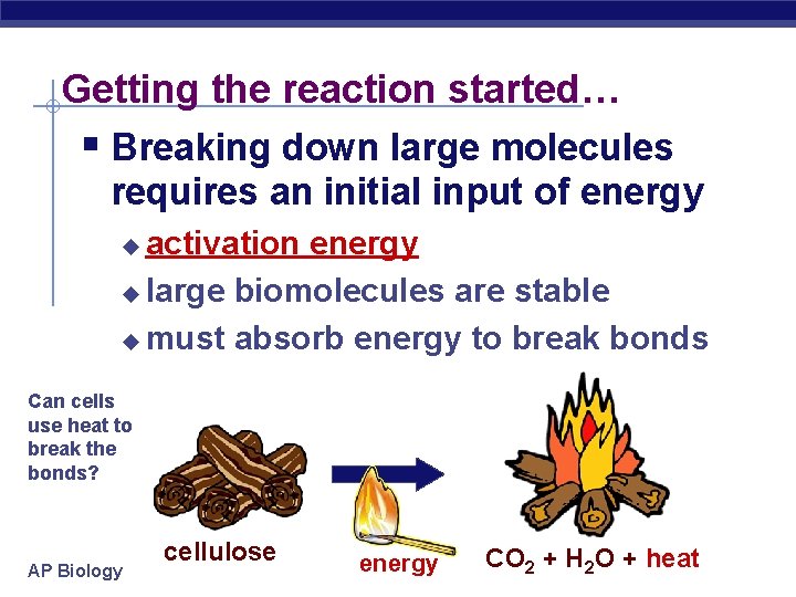 Getting the reaction started… § Breaking down large molecules requires an initial input of