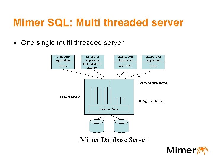 Mimer SQL: Multi threaded server § One single multi threaded server Local User Application