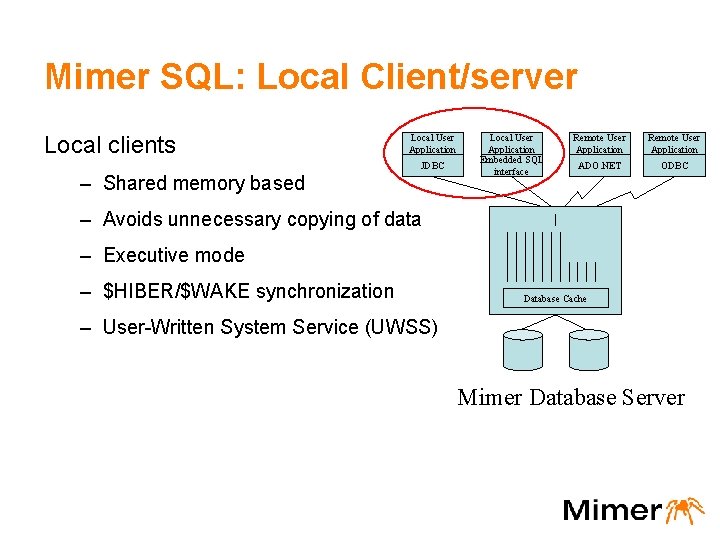 Mimer SQL: Local Client/server Local clients – Shared memory based Local User Application JDBC