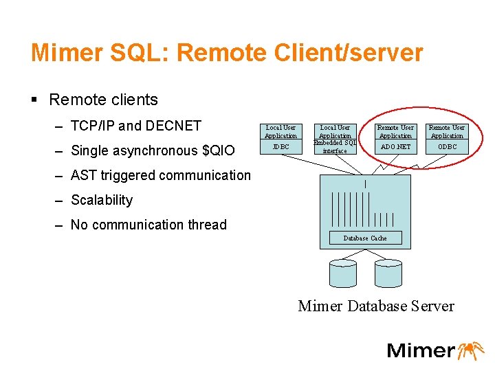 Mimer SQL: Remote Client/server § Remote clients – TCP/IP and DECNET – Single asynchronous