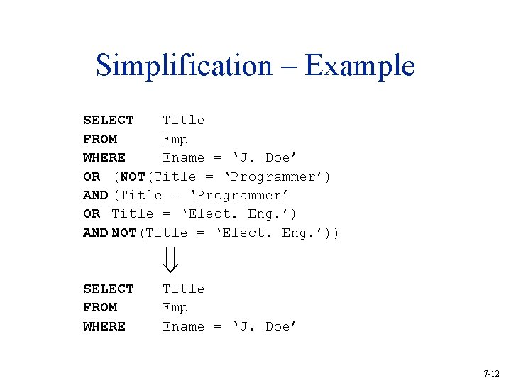 Simplification – Example SELECT Title FROM Emp WHERE Ename = ‘J. Doe’ OR (NOT(Title