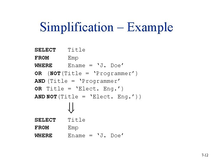 Simplification – Example SELECT Title FROM Emp WHERE Ename = ‘J. Doe’ OR (NOT(Title Simplification – Example SELECT Title FROM Emp WHERE Ename = ‘J. Doe’ OR (NOT(Title