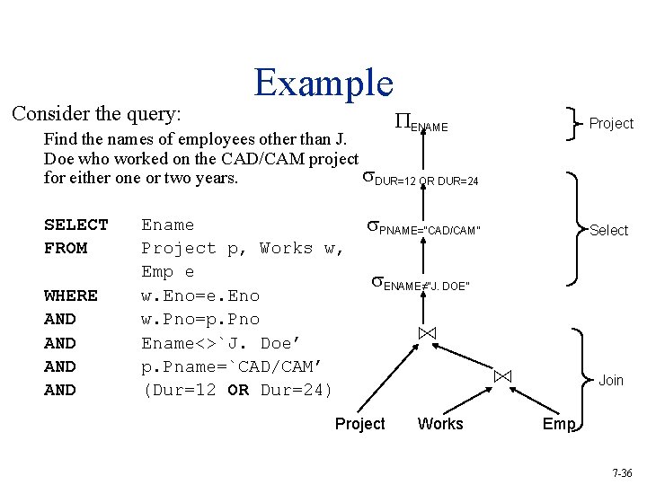 Consider the query: Example ENAME Project PNAME=“CAD/CAM” Select Find the names of employees other