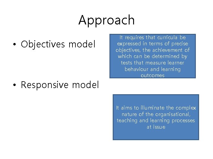 Approach • Objectives model • Responsive model It requires that curricula be expressed in