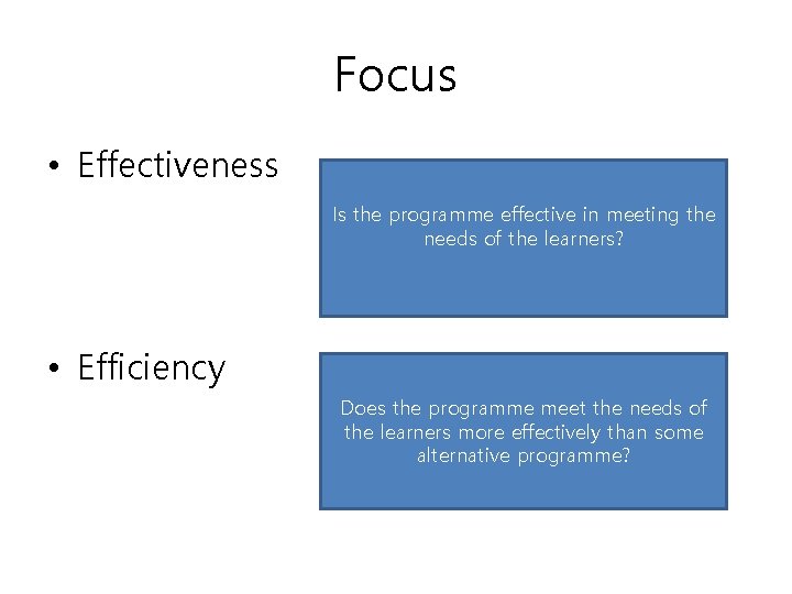 Focus • Effectiveness Is the programme effective in meeting the needs of the learners?