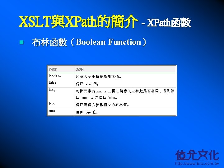 XSLT與XPath的簡介 - XPath函數 n 布林函數（Boolean Function） 