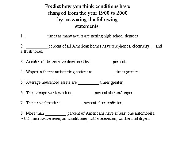 Predict how you think conditions have changed from the year 1900 to 2000 by