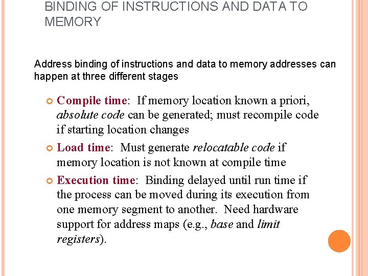 BINDING OF INSTRUCTIONS AND DATA TO MEMORY Address binding of instructions and data to