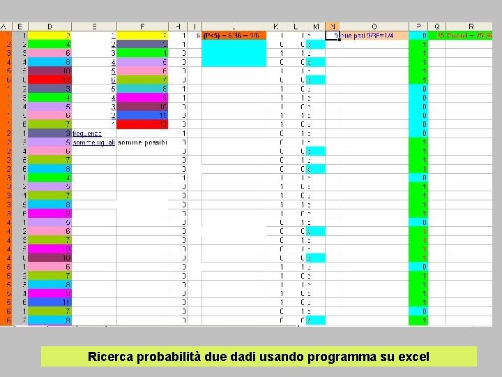 Ricerca probabilità due dadi usando programma su excel 