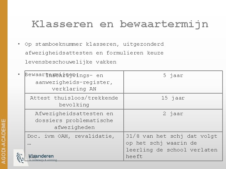 Klasseren en bewaartermijn • Op stamboeknummer klasseren, uitgezonderd afwezigheidsattesten en formulieren keuze levensbeschouwelijke vakken