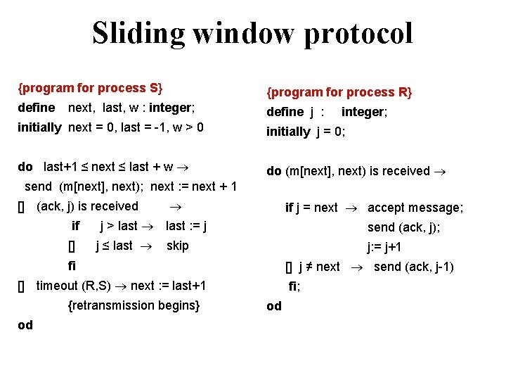 Sliding window protocol {program for process S} {program for process R} define j :