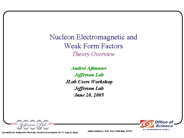 Nucleon Electromagnetic and Weak Form Factors Theory Overview Andrei Afanasev Jefferson Lab JLab Users