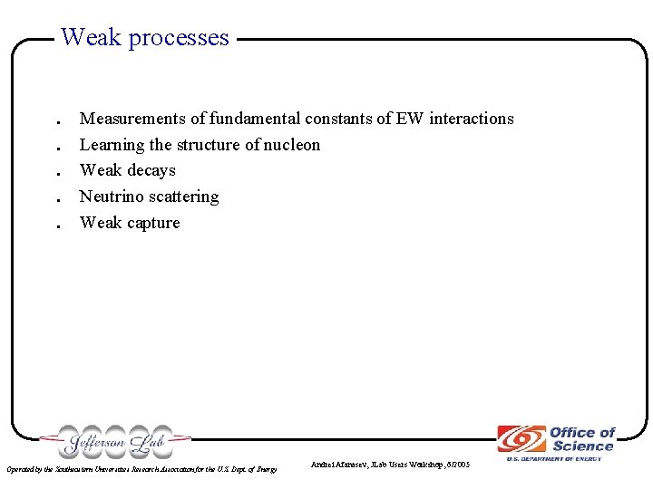 Weak processes . . . Measurements of fundamental constants of EW interactions Learning the
