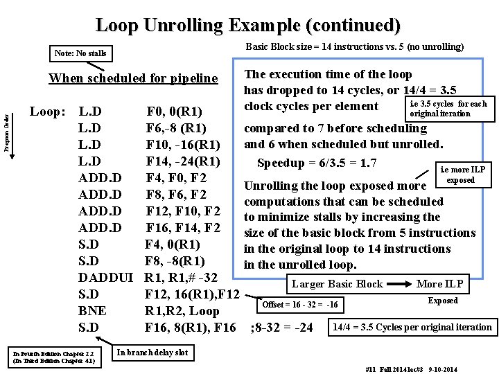 Loop Unrolling Example (continued) Basic Block size = 14 instructions vs. 5 (no unrolling)