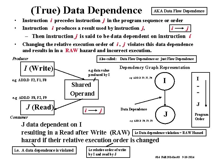 (True) Data Dependence • • AKA Data Flow Dependence Instruction i precedes instruction j