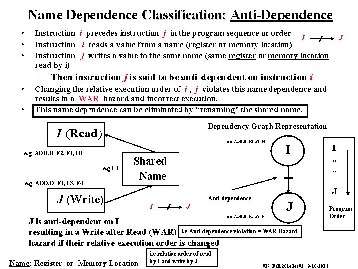 Name Dependence Classification: Anti-Dependence • • • Instruction i precedes instruction j in the