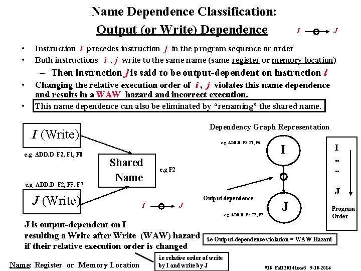 Name Dependence Classification: Output (or Write) Dependence • • I J Instruction i precedes