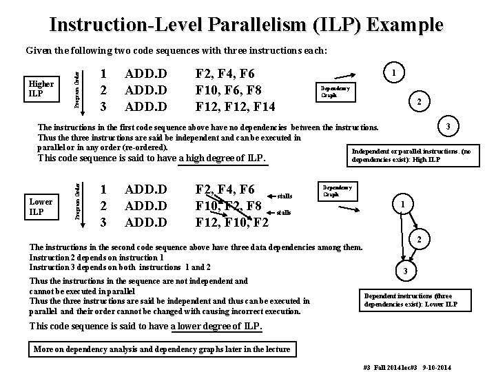 Instruction-Level Parallelism (ILP) Example Higher ILP Program Order Given the following two code sequences