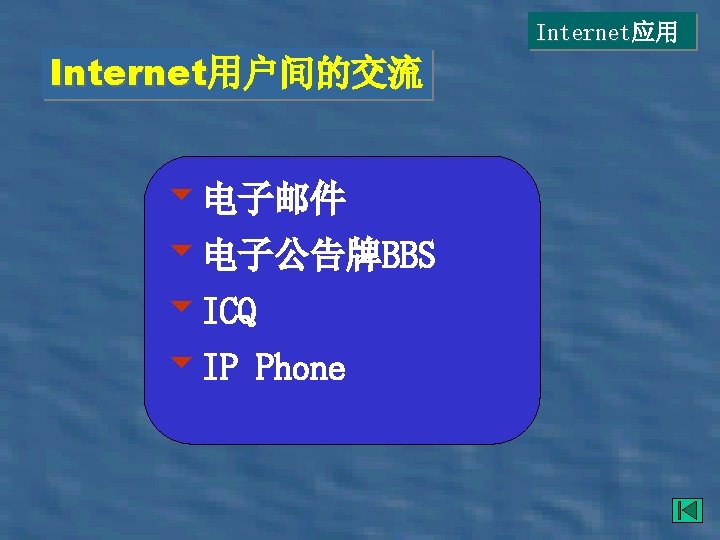 Internet应用 Internet用户间的交流 Internet 6电子邮件 6电子公告牌BBS 6 ICQ 6 IP Phone 