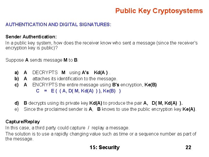 Public Key Cryptosystems AUTHENTICATION AND DIGITAL SIGNATURES: Sender Authentication: In a public key system,