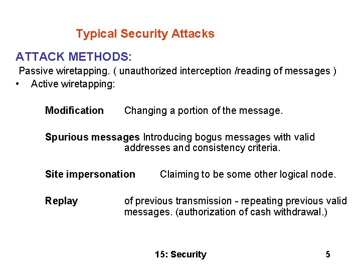 Typical Security Attacks ATTACK METHODS: Passive wiretapping. ( unauthorized interception /reading of messages )