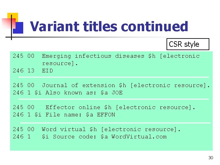 Variant titles continued CSR style 245 00 246 13 Emerging infectious diseases $h [electronic