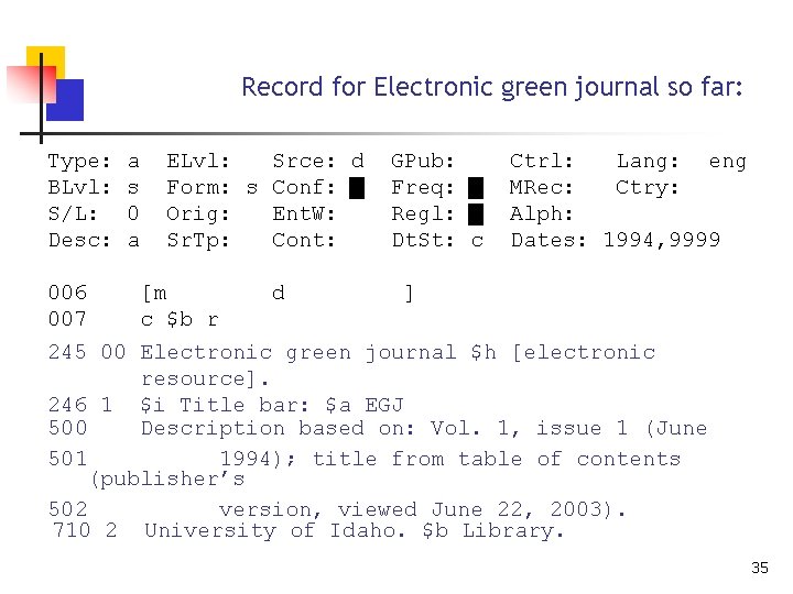 Record for Electronic green journal so far: Type: BLvl: S/L: Desc: a s 0