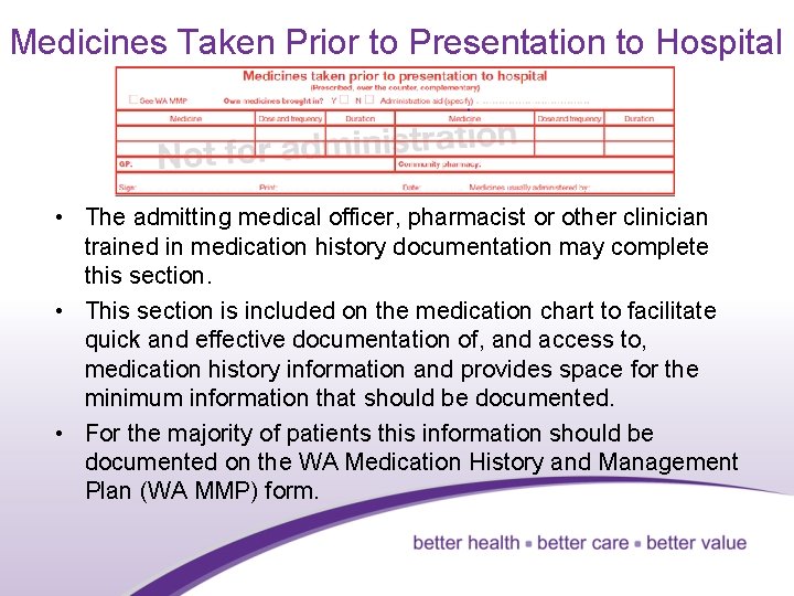 Medicines Taken Prior to Presentation to Hospital • The admitting medical officer, pharmacist or