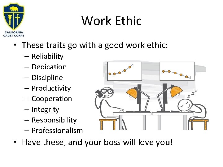 Work Ethic • These traits go with a good work ethic: – Reliability –