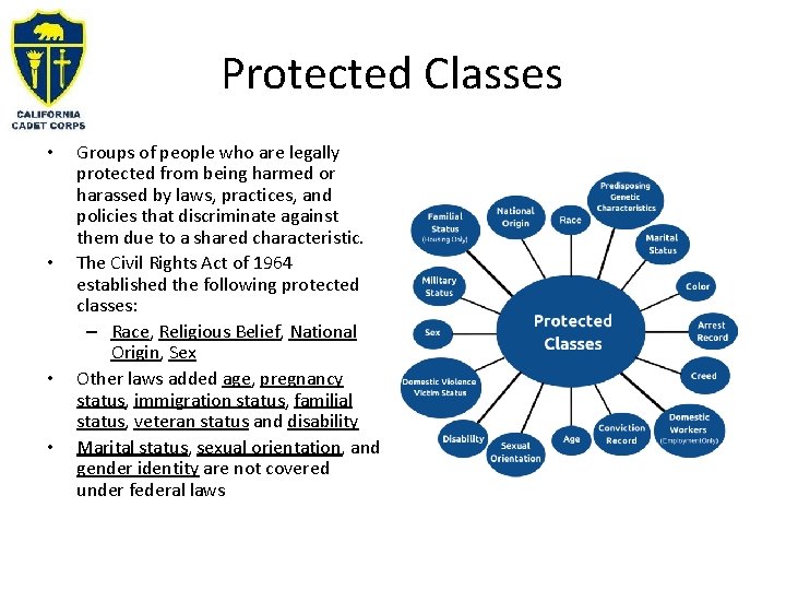 Protected Classes • • Groups of people who are legally protected from being harmed