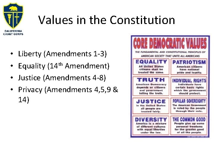 Values in the Constitution • • Liberty (Amendments 1 -3) Equality (14 th Amendment)