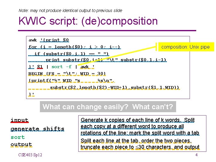 Note: may not produce identical output to previous slide KWIC script: (de)composition awk '{print