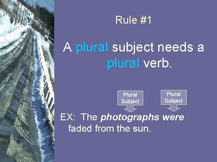 Rule #1 A plural subject needs a plural verb. Plural Subject EX: The photographs