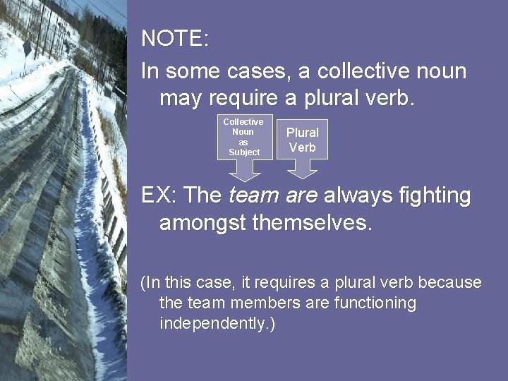 NOTE: In some cases, a collective noun may require a plural verb. Collective Noun