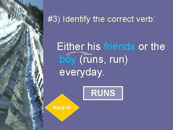 #3) Identify the correct verb: Either his friends or the boy (runs, run) everyday.