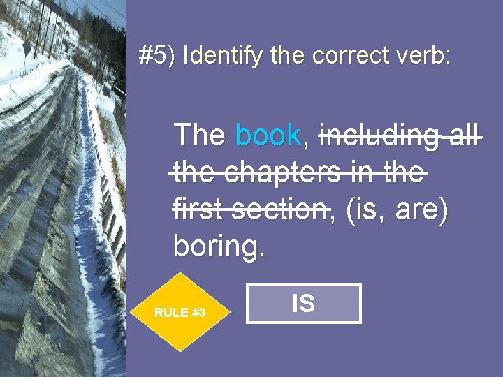 #5) Identify the correct verb: The book, including all the chapters in the first