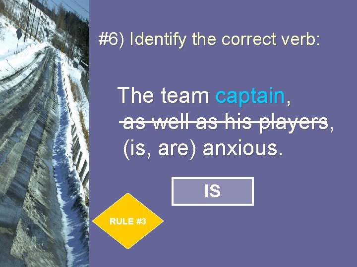 #6) Identify the correct verb: The team captain, as well as his players, (is,