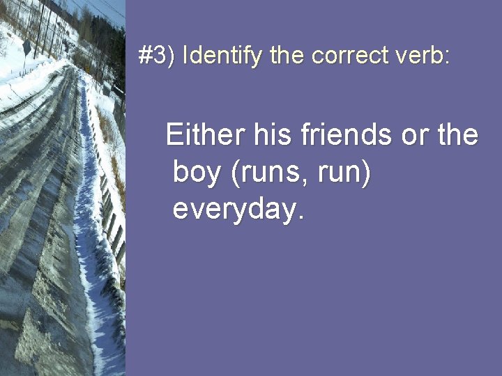 #3) Identify the correct verb: Either his friends or the boy (runs, run) everyday.